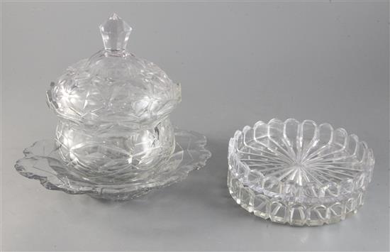 A cut glass circular lidded bowl on stand & a pair of cut glass circular stands